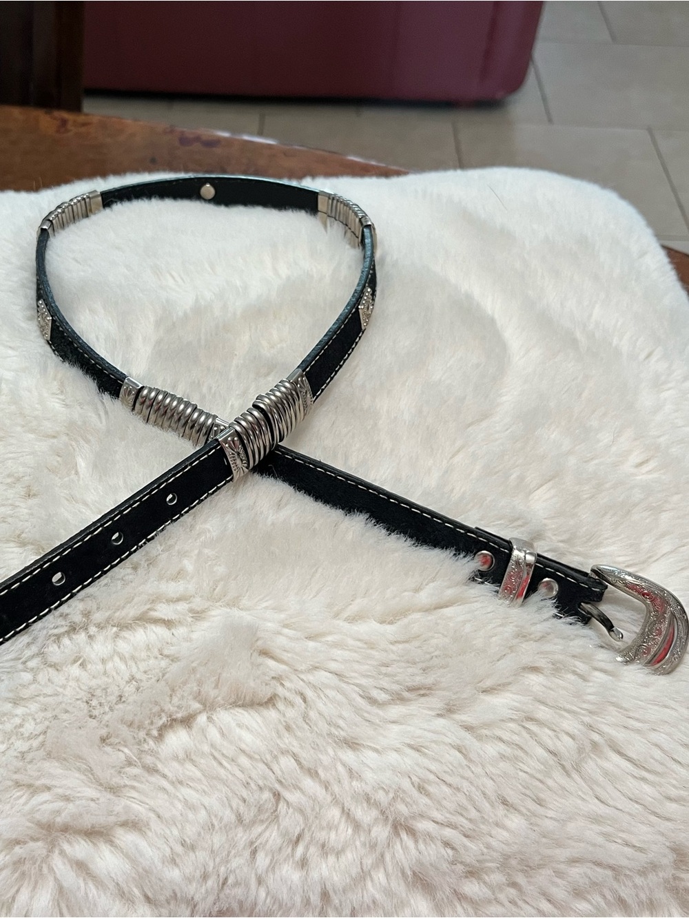 Woman’s Black Leather Western-Style Belt with Silver Hardware